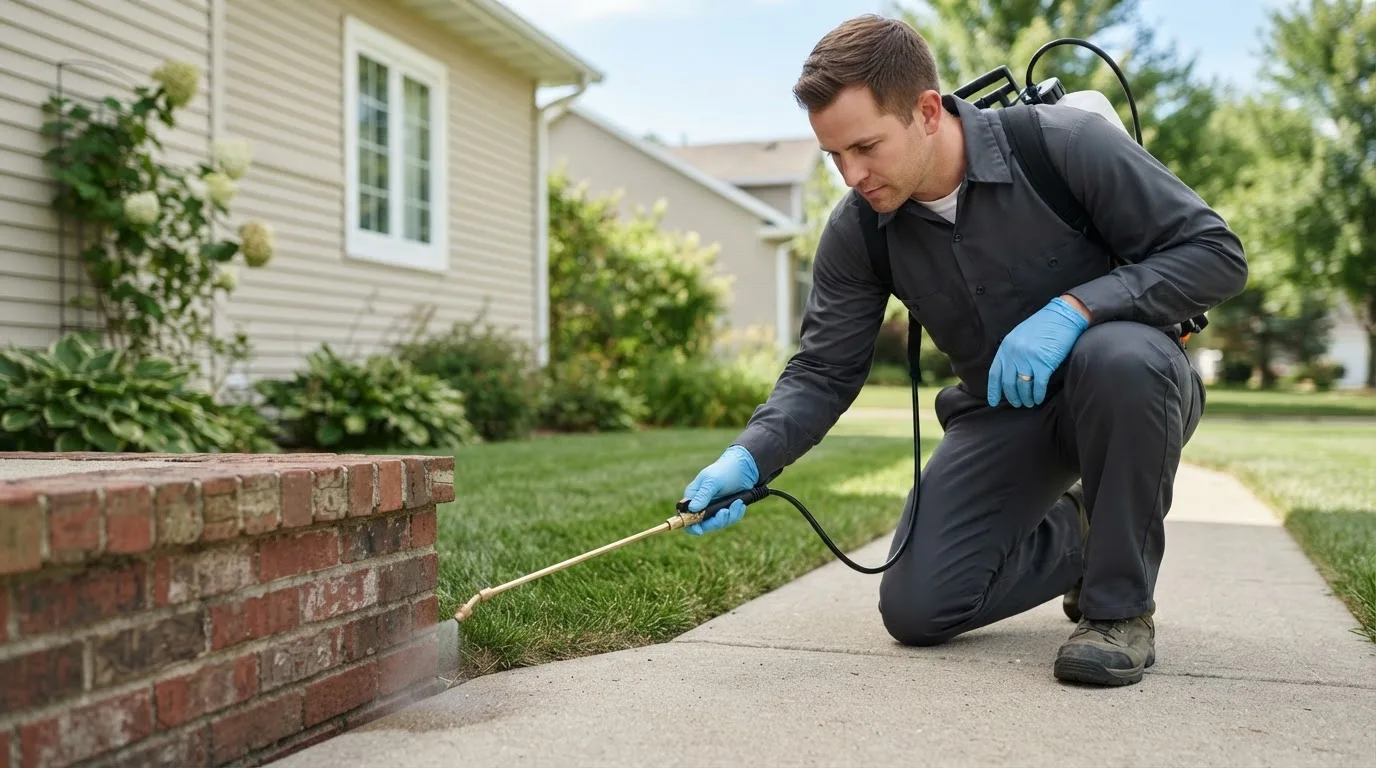 Pest control technician treating a home near Glyndon, MD